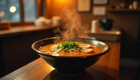 Steaming bowl of ramen noodle soup with meat garnish