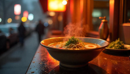 A steaming bowl of ramen on a rainy streetの写真素材