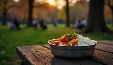 Sweet potato curry with rice served outdoors at sunset