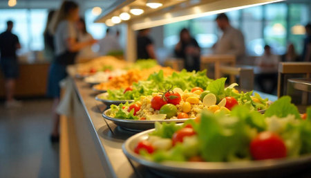 Buffet line featuring fresh salads at a cafeteria setup