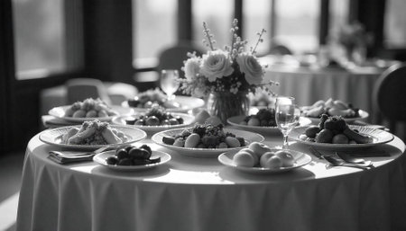Elegant black and white table setting with fruit dishes