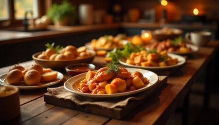 Warm autumnal dinner feast on rustic wooden table settingの写真素材