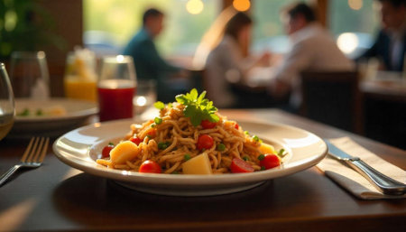 Delicious pasta dish served in a restaurant environment