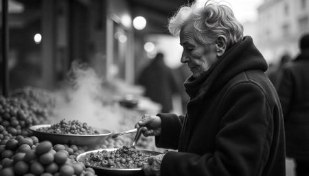 Old Woman Serving Food At Street Stall in Black and White