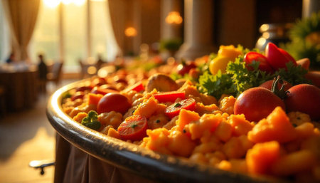 Buffet table with assorted foods during golden hour sunlight