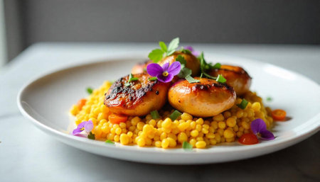 Gourmet sausage dish with couscous and edible flowers on plateの写真素材