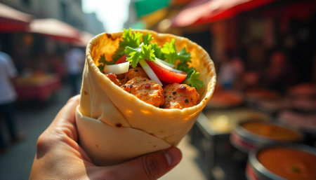 Delicious chicken wrap held in hand at outdoor marketの写真素材