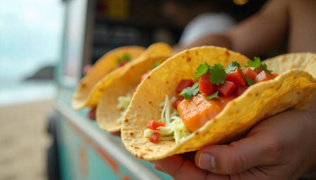 Gourmet salmon tacos held at food truck by ocean