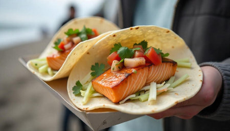 Gourmet salmon tacos with fresh toppings held outdoorsの写真素材