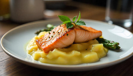 Grilled salmon with creamy mashed potatoes and green asparagusの写真素材