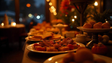 Buffet table with festive holiday food and decorations