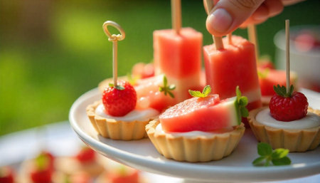 Fresh Summer Fruit Tartlets and Watermelon Skewers on Plateの写真素材