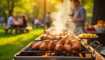 Barbecue party with grilling meat and people in parkの写真素材