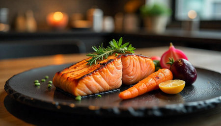 Grilled salmon steak with vegetables on a dark plateの写真素材