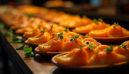 Rows of vibrant orange fruit slices on wooden plates