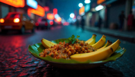 Savory dish with bananas on a city streetの写真素材