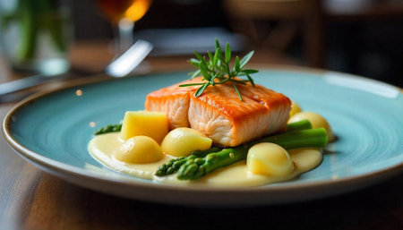 Elegant salmon dish with asparagus and potatoes on plate