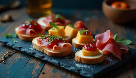 Elegant appetizer platter with prosciutto, cheese, and fruit preserves