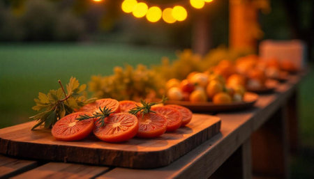 Outdoor dining with blood oranges and string lights