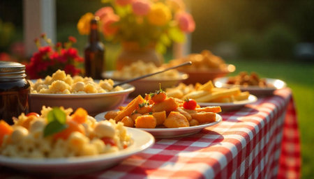 Outdoor summer party table with food and drinks in gardenの写真素材