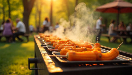 Grilled corn on the cob at outdoor summer cookoutの写真素材