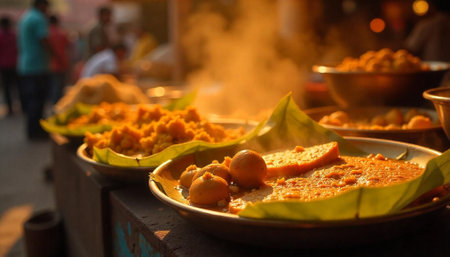 Golden Indian street food displayed on banana leavesの写真素材