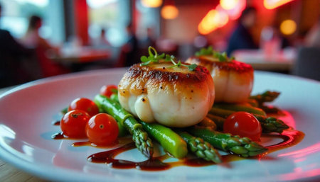Seared scallops with asparagus and tomatoes on white plateの写真素材