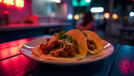 Two delicious tacos on a plate at vibrant restaurant