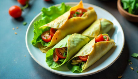 Delicious crepes filled with salad and tomato on plate