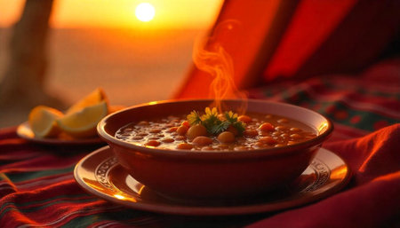 Steaming bowl of lentil soup with lemon at sunsetの写真素材