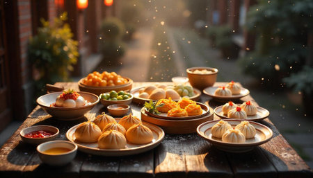 Variety of Asian Cuisine on a Wooden Table Outdoorsの写真素材
