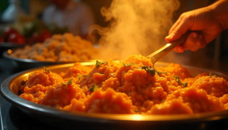 Steaming lentil dish with garnish served in metal trayの写真素材