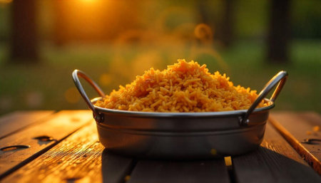 Delicious turmeric rice served on wood table outdoors settingの写真素材