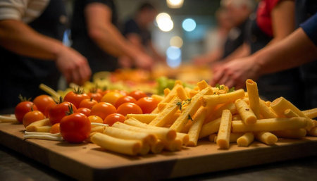 Preparing fresh food platter with tomatoes and fries