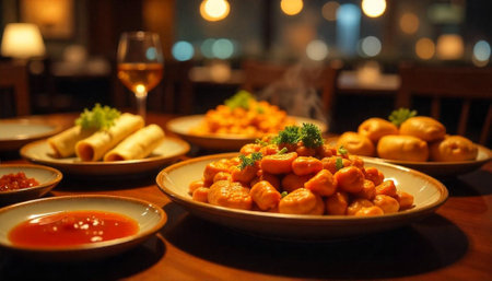 Dinner table featuring gnocchi, spring rolls and wine