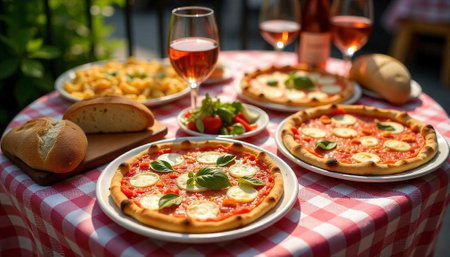 Italian cuisine on checkered tablecloth including pizza and wine