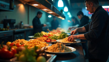 Busy kitchen staff preparing meals on a buffet lineの写真素材