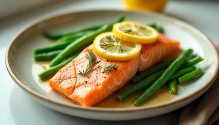 Grilled salmon with green beans and lemon slices