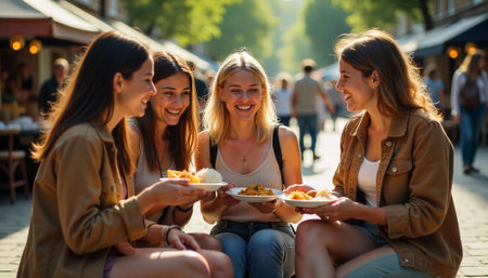 Four women share a meal outdoors on a sunny dayの写真素材