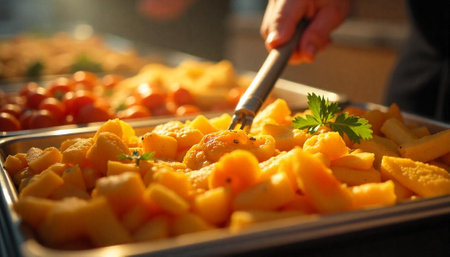 Golden fried polenta on buffet table, catering service, warm lightの写真素材