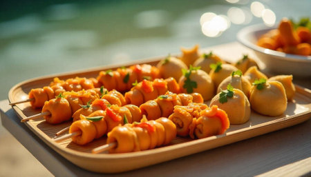Delicious orange appetizers on a tray by the poolの写真素材