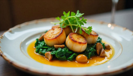 Seared scallops with spinach and mushrooms on white plateの写真素材