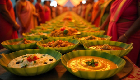 Traditional Indian meal served in leaf bowls at gatheringの写真素材