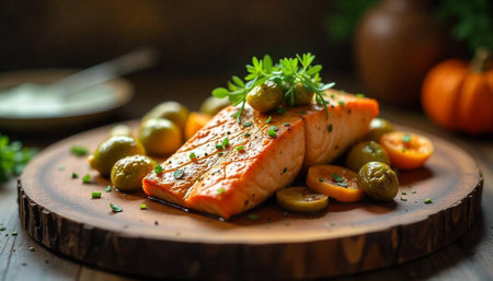 Gourmet salmon dish with olives on wooden plateの写真素材