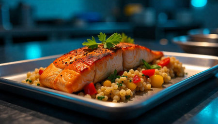 Grilled salmon fillet served over couscous salad dishの写真素材