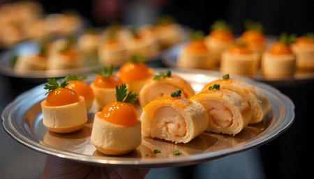Elegant catered appetizers on silver platter for gourmet events