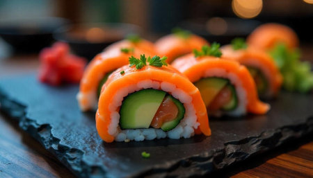 Salmon avocado sushi rolls on a dark stone plateの写真素材