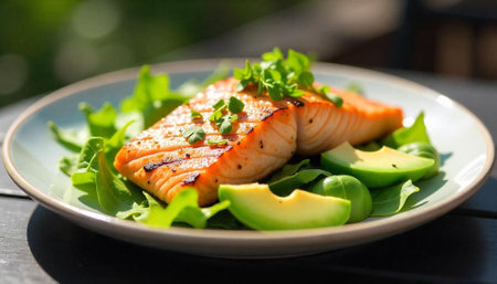 Grilled salmon fillet with avocado and green salad