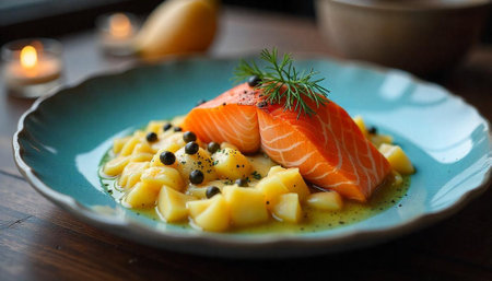 Elegant salmon dish served on a blue ceramic plate