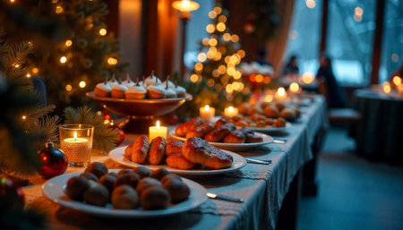 Warm Holiday Feast: Table Setting with Christmas Decorationsの写真素材